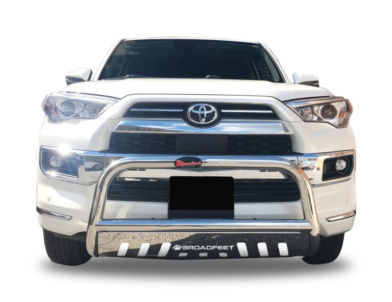 Steel bull bar mounted on a dark gray fifth-generation Toyota 4Runner outdoors.