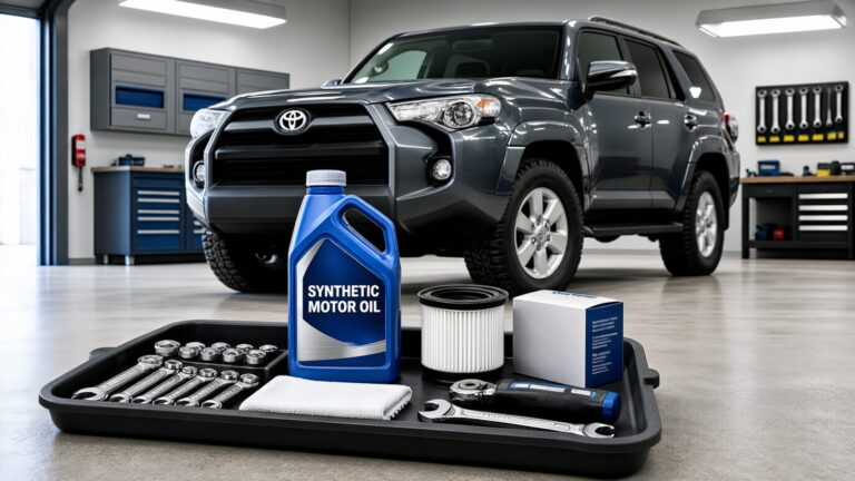 Tools and supplies ready for a Toyota 4Runner synthetic oil change in a garage.